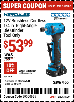 www.hfqpdb.com - HERCULES 12V BRUSHLESS CORDLESS, 1/4 IN. RIGHT-ANGLE DIE GRINDER - TOOL ONLY Lot No. 59610