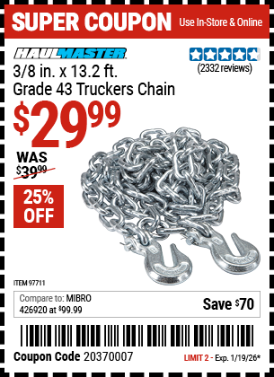 Harbor Freight HAUL-MASTER 3/8 IN. X 13.2 FT., GRADE 43 TRUCKERS CHAIN coupon