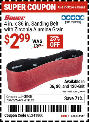 www.hfqpdb.com - BAUER 4 IN. X 36 IN. SANDING BELT WITH ZIRCONIA ALUMINA GRAIN Lot No. 70653/70660/70661