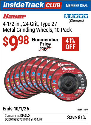 www.hfqpdb.com - BAUER 4-1/2 IN., 24-GRIT, TYPE 27 METAL GRINDING WHEELS, 10-PACK Lot No. 73277