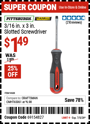 www.hfqpdb.com - PITTSBURGH 3/16 IN. X 3 IN. SLOTTED SCREWDRIVER Lot No. 94608