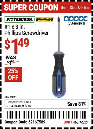 www.hfqpdb.com - PITTSBURGH #1 X 3 IN. PHILLIPS SCREWDRIVER Lot No. 94610