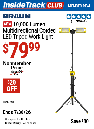 Harbor Freight BRAUN 10,000 LUMEN MULTIDIRECTIONAL CORDED LED TRIPOD WORK LIGHT coupon