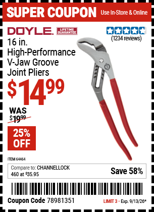 www.hfqpdb.com - DOYLE 16 IN. HIGH-PERFORMANCE V-JAW GROOVE JOINT PLIERS Lot No. 64464