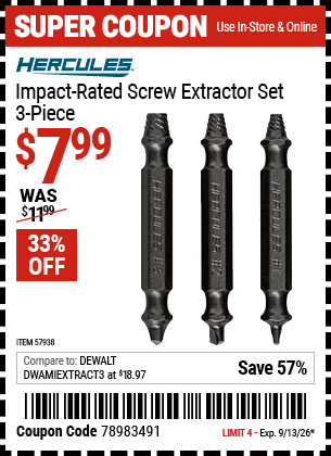 www.hfqpdb.com - HERCULES IMPACT-RATED SCREW EXTRACTOR SET, 3-PIECE Lot No. 57938