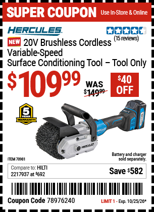 www.hfqpdb.com - HERCULES 20V BRUSHLESS CORDLESS VARIABLE-SPEED SURFACE CONDITIONING TOOL &ndash; TOOL ONLY Lot No. 70981