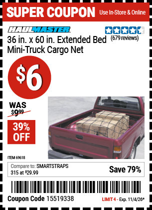 www.hfqpdb.com - HAUL-MASTER 36 IN. X 60 IN. EXTENDED BED MINI-TRUCK CARGO NET Lot No. 69618
