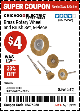 www.hfqpdb.com - CHICAGO ELECTRIC POWER TOOLS BRASS ROTARY WHEEL AND BRUSH SET, 5-PIECE Lot No. 66114