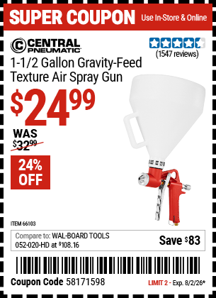 www.hfqpdb.com - CENTRAL PNEUMATIC 1-1/2 GALLON GRAVITY-FEED TEXTURE AIR SPRAY GUN Lot No. 66103