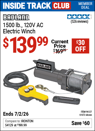 www.hfqpdb.com - BADLAND 1500 LB., 120V AC ELECTRIC WINCH Lot No. 61672/96127