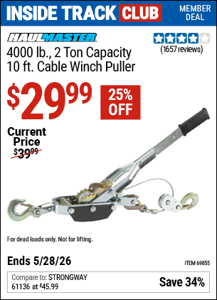 Harbor Freight HAUL-MASTER 4000 LB., 2 TON CAPACITY, 10 FT. CABLE WINCH PULLER coupon