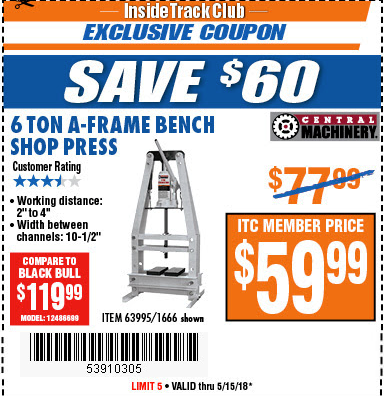 CENTRAL MACHINERY 6 Ton A-Frame Bench Shop Press for $67.99