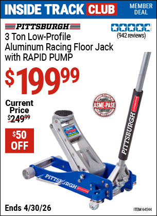 Harbor Freight PITTSBURGH 3 TON LOW-PROFILE ALUMINUM RACING FLOOR JACK WITH RAPID PUMP coupon