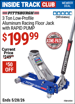 Harbor Freight PITTSBURGH 3 TON LOW-PROFILE ALUMINUM RACING FLOOR JACK WITH RAPID PUMP coupon