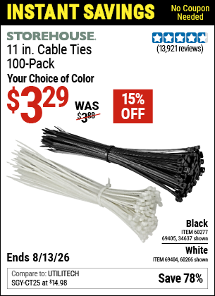 www.hfqpdb.com - STOREHOUSE 11 IN. CABLE TIES, 100-PACK Lot No. 34637/69405/60277/60266/69404