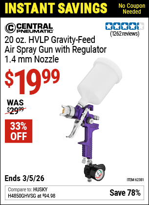 Harbor Freight CENTRAL PNEUMATIC 20 OZ. HVLP GRAVITY-FEED AIR SPRAY GUN WITH REGULATOR, 1.4 MM NOZZLE coupon