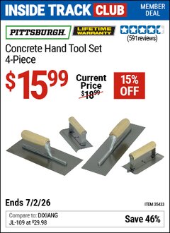 Harbor Freight Coupon PITTSBURGH CONCRETE HAND TOOL SET, 4-PIECE Lot No. 35433 Valid: 12/31/69 - 7/2/26 - $15.99