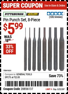 Harbor Freight Coupon PITTSBURGH PIN PUNCH SET, 8-PIECE Lot No. 93424 Valid Thru: 3/22/26 - $5.99