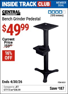 Harbor Freight ITC Coupon CENTRAL MACHINERY BENCH GRINDER PEDESTAL Lot No. 68321 Dates Valid: 12/31/69 - 4/30/26 - $49.99