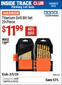 Harbor Freight ITC Coupon WARRIOR TITANIUM DRILL BIT SET, 29-PIECE Lot No. 61637/62281 Expired: 3/5/26 - $11.99