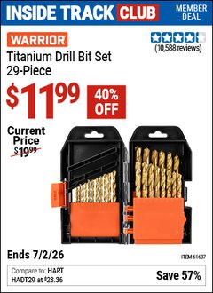 Harbor Freight Coupon WARRIOR TITANIUM DRILL BIT SET, 29-PIECE Lot No. 61637/62281 Valid: 12/31/69 - 7/2/26 - $11.99
