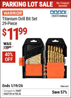 Harbor Freight Coupon WARRIOR TITANIUM DRILL BIT SET, 29-PIECE Lot No. 61637/62281 Expired: 12/31/69 - $11.99