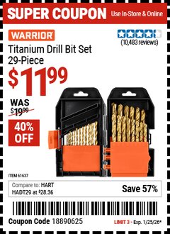 Harbor Freight Coupon WARRIOR TITANIUM DRILL BIT SET, 29-PIECE Lot No. 61637/62281 Expired: 1/25/26 - $11.99