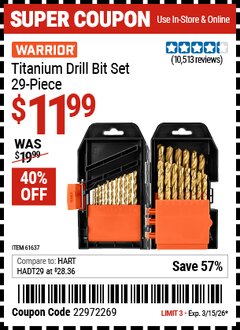 Harbor Freight Coupon WARRIOR TITANIUM DRILL BIT SET, 29-PIECE Lot No. 61637/62281 Valid Thru: 3/15/26 - $11.99