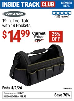 Harbor Freight Coupon VOYAGER 19 IN. TOOL TOTE WITH 14 POCKETS Lot No. 61470 Valid: 12/31/69 - 4/2/26 - $14.99