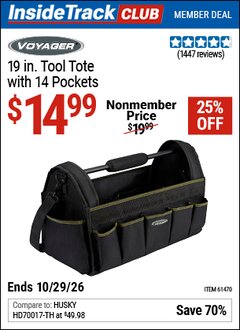 Harbor Freight ITC Coupon VOYAGER 19 IN. TOOL TOTE WITH 14 POCKETS Lot No. 61470 Dates Valid: 12/31/69 - 10/29/26 - $14.99