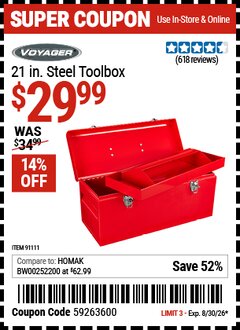 Harbor Freight Coupon VOYAGER 21 IN. STEEL TOOLBOX Lot No. 91111 EXPIRES: 8/30/26 - $29.99