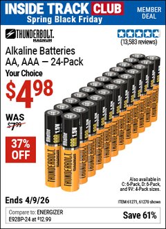 Harbor Freight ITC Coupon THUNDERBOLT MAGNUM ALKALINE BATTERIES Lot No. 61271/92404/61270/61272/61279/92408 Expired: 4/9/26 - $4.98