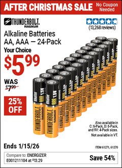 Harbor Freight Coupon THUNDERBOLT MAGNUM ALKALINE BATTERIES Lot No. 61271/92404/61270/61272/92406/61279/92408 EXPIRES: 1/15/26 - $5.99