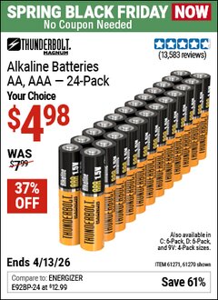 Harbor Freight Coupon THUNDERBOLT MAGNUM ALKALINE BATTERIES Lot No. 61271/92404/61270/61272/61279/92408 Expired: 4/12/26 - $4.98