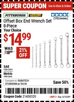 Harbor Freight Coupon PITTSBURGH OFFSET BOX END WRENCH SET, 8-PIECE Lot No. 32041/32042 EXPIRES: 4/13/26 - $14.99