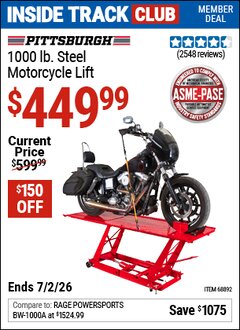 Harbor Freight Coupon PITTSBURGH 1000 LB. STEEL MOTORCYCLE LIFT Lot No. 68892/69904 Valid: 12/31/69 - 7/2/26 - $449.99