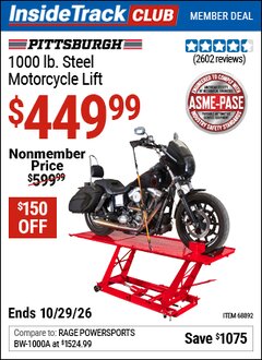 Harbor Freight ITC Coupon PITTSBURGH 1000 LB. STEEL MOTORCYCLE LIFT Lot No. 68892/69904 Dates Valid: 12/31/69 - 10/29/26 - $449.99