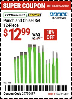Harbor Freight Coupon PITTSBURGH PUNCH AND CHISEL SET, 12-PIECE Lot No. 4885 Valid Thru: 2/16/26 - $12.99
