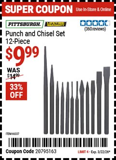 Harbor Freight Coupon PITTSBURGH PUNCH AND CHISEL SET, 12-PIECE Lot No. 4885 Valid Thru: 3/22/26 - $9.99
