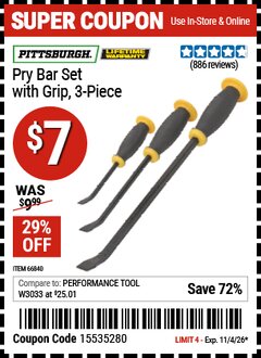 Harbor Freight Coupon PITTSBURGH PRY BAR SET WITH GRIP, 3-PIECE Lot No. 66840 Valid Thru: 11/4/26 - $7