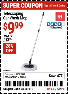 Harbor Freight Coupon HFT TELESCOPING CAR WASH MOP Lot No. 60587 Valid Thru: 9/13/26 - $9.99