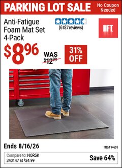 Harbor Freight Coupon HFT ANTI-FATIGUE FOAM MAT SET, 4-PACK Lot No. 94635 Expired: 8/16/26 - $8.96