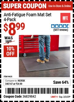 Harbor Freight Coupon HFT ANTI-FATIGUE FOAM MAT SET, 4-PACK Lot No. 94635 Expired: 2/2/25 - $8.99
