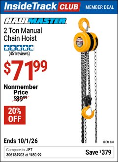 Harbor Freight Coupon HAUL-MASTER 2 TON MANUAL CHAIN HOIST Lot No. 631 Valid: 12/31/69 - 10/1/26 - $71.99