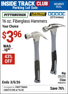 Harbor Freight Coupon PITTSBURGH 16 OZ. FIBERGLASS HAMMER Lot No. 47873/69005/61262/60714 Valid: 12/31/69 - 3/5/26 - $3.96