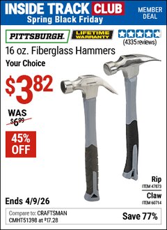 Harbor Freight ITC Coupon PITTSBURGH 16 OZ. FIBERGLASS HAMMER Lot No. 47873/60714 Expired: 4/9/26 - $3.82