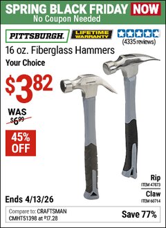 Harbor Freight Coupon PITTSBURGH 16 OZ. FIBERGLASS HAMMER Lot No. 47873/60714 Expired: 4/12/26 - $3.82
