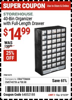 Harbor Freight Coupon STOREHOUSE 40-BIN ORGANIZER WITH FULL-LENGTH DRAWER Lot No. 94375 Expired: 5/10/26 - $14.99