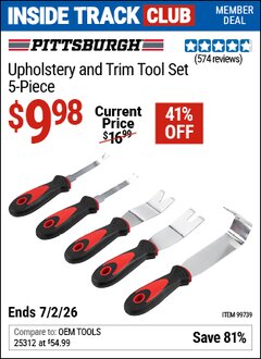 Harbor Freight Coupon PITTSBURGH UPHOLSTERY AND TRIM TOOL SET, 5-PIECE Lot No. 99739 Valid: 12/31/69 - 7/2/26 - $9.98