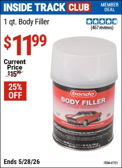 Harbor Freight ITC Coupon BONDO 1 QT. BODY FILLER Lot No. 67721 Valid Thru: 5/28/26 - $11.99